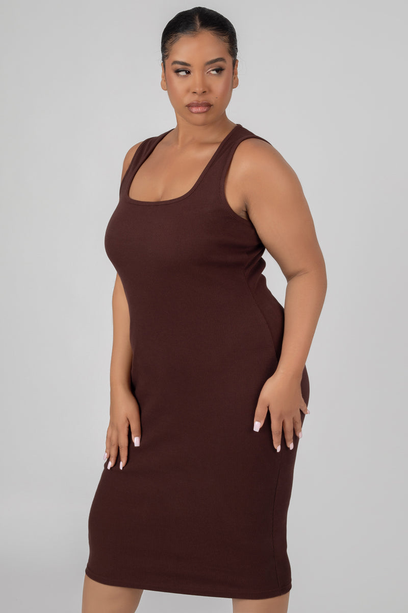 CURVE BODYCON SCOOP NECK MIDI DRESS CHOCOLATE