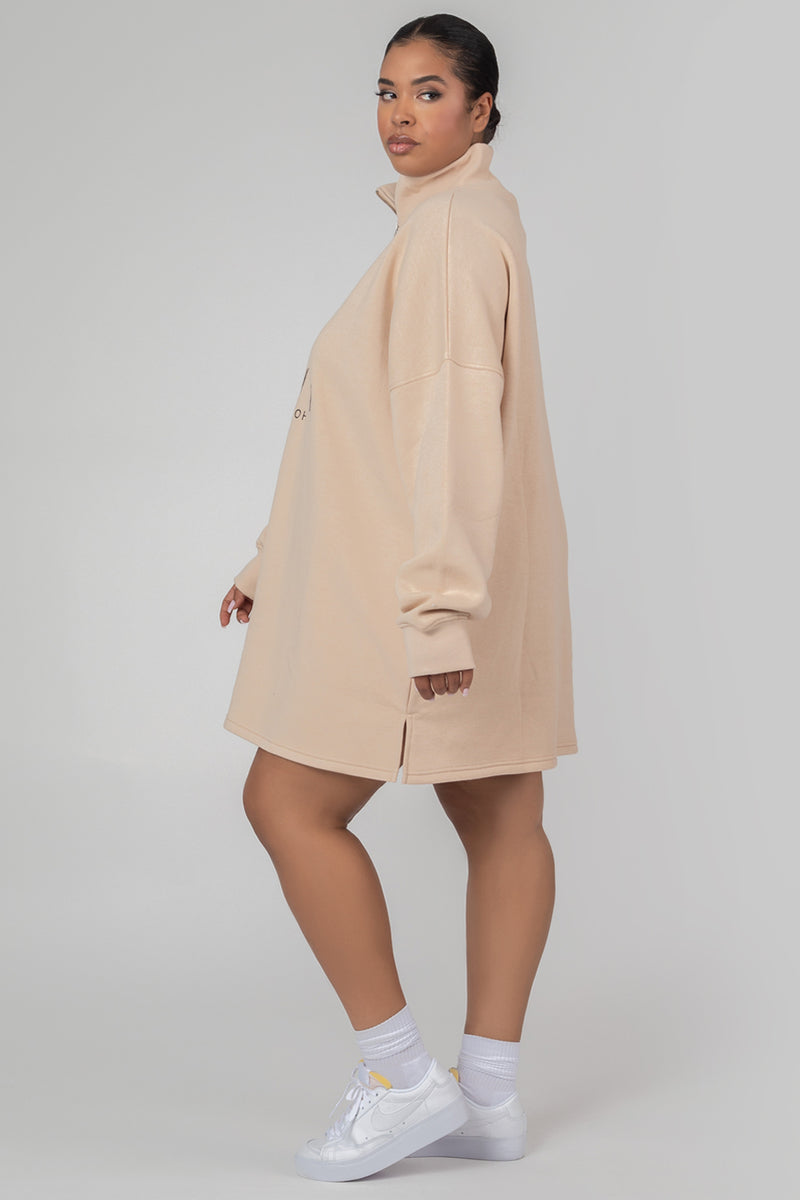 CURVE OVERSIZE HALF ZIP SWEATER DRESS STONE