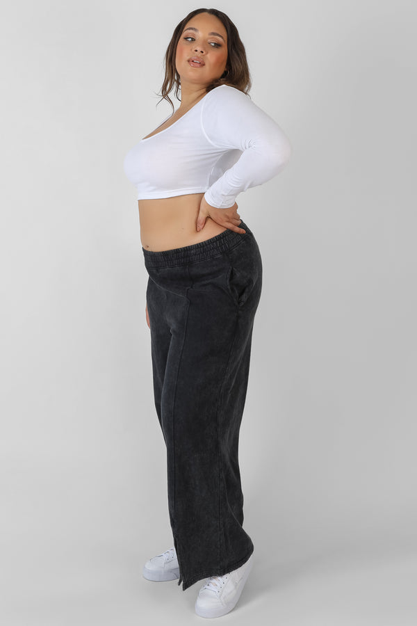 CURVE SPLIT FRONT SEAM DETAIL WIDE LEG JOGGERS ACID WASH