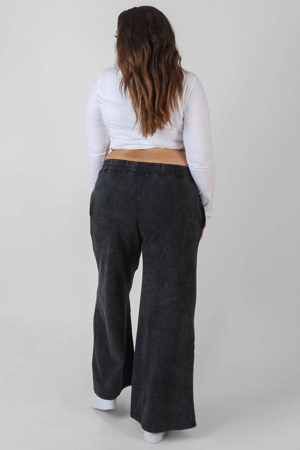 CURVE SPLIT FRONT SEAM DETAIL WIDE LEG JOGGERS ACID WASH