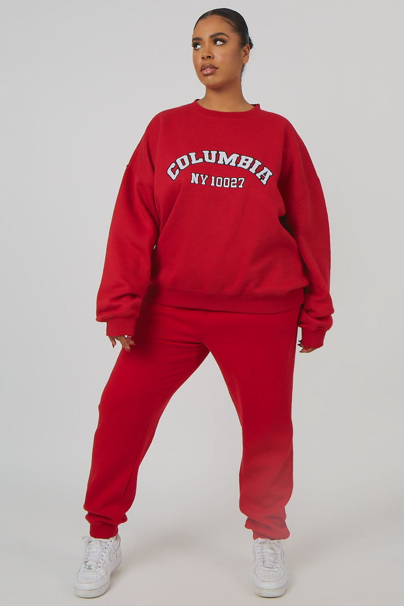 CURVE OVERSIZED EMBROIDERED SLOGAN 90S JOGGERS RED