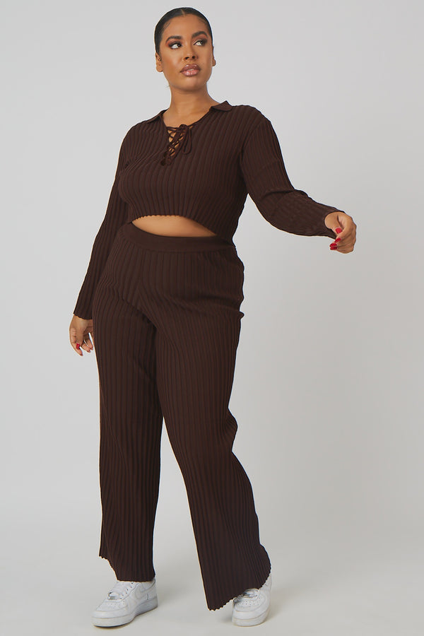 CURVE LACE UP RIBBED KNITTED CROP TOP CHOCOLATE