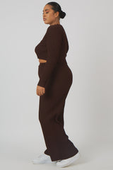 CURVE RIBBED KNITTED WIDE LEG TROUSERS CHOCOLATE