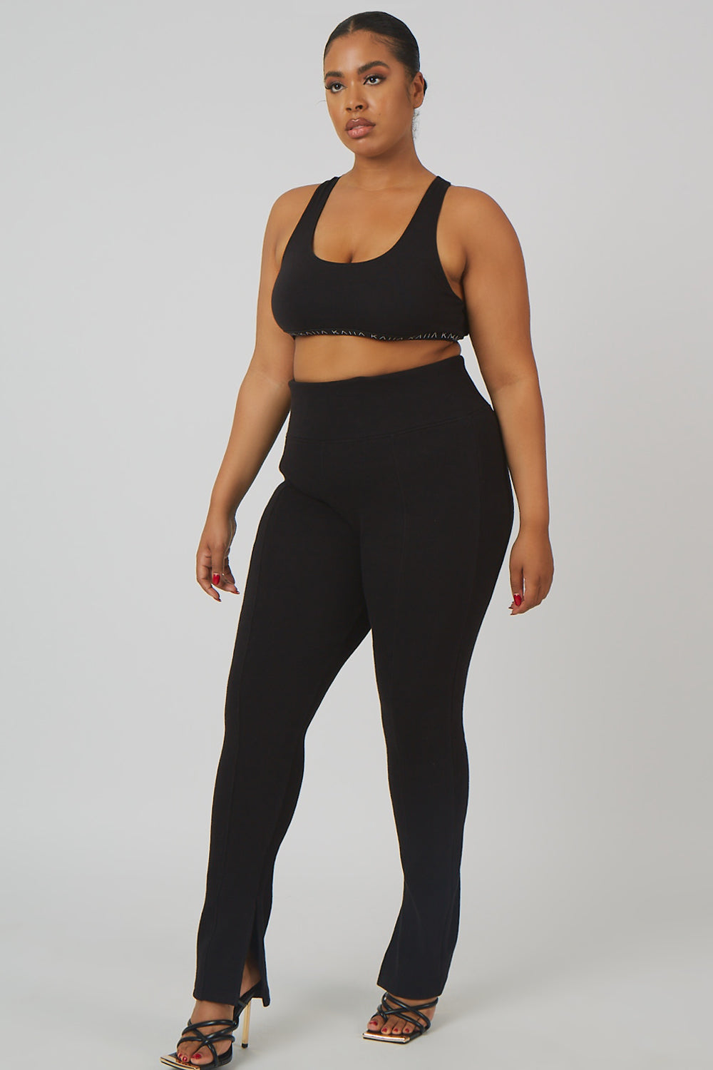 CURVE SPLIT HEM RIBBED LEGGINGS BLACK