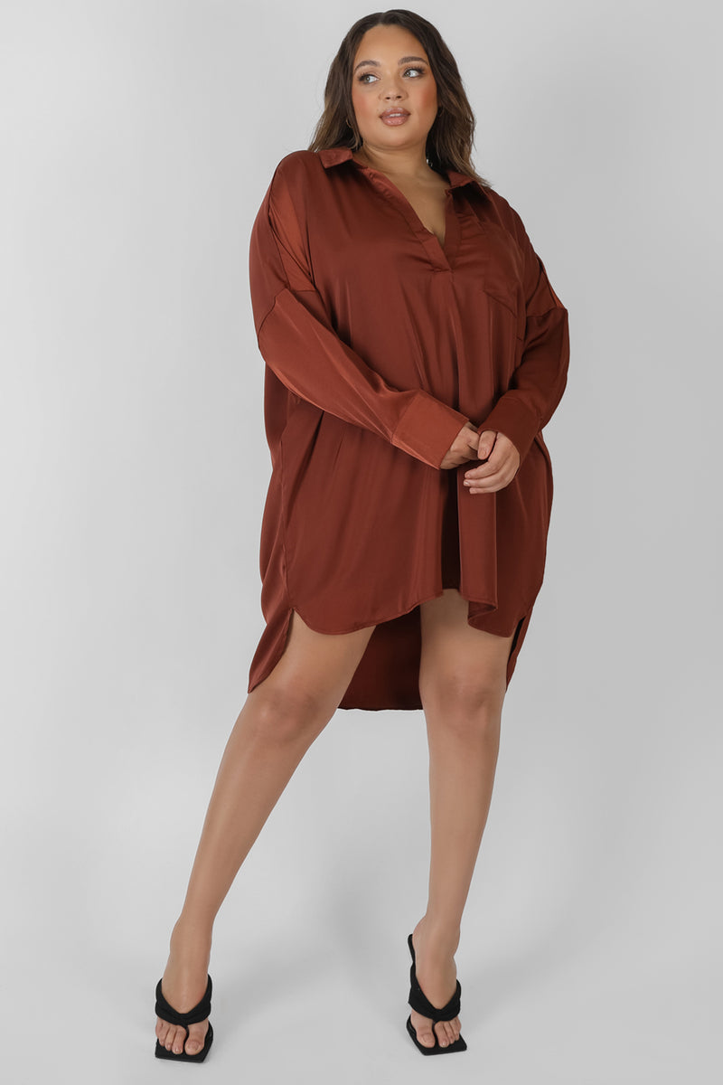 CURVE SATIN SHIRT DRESS CHOCOLATE