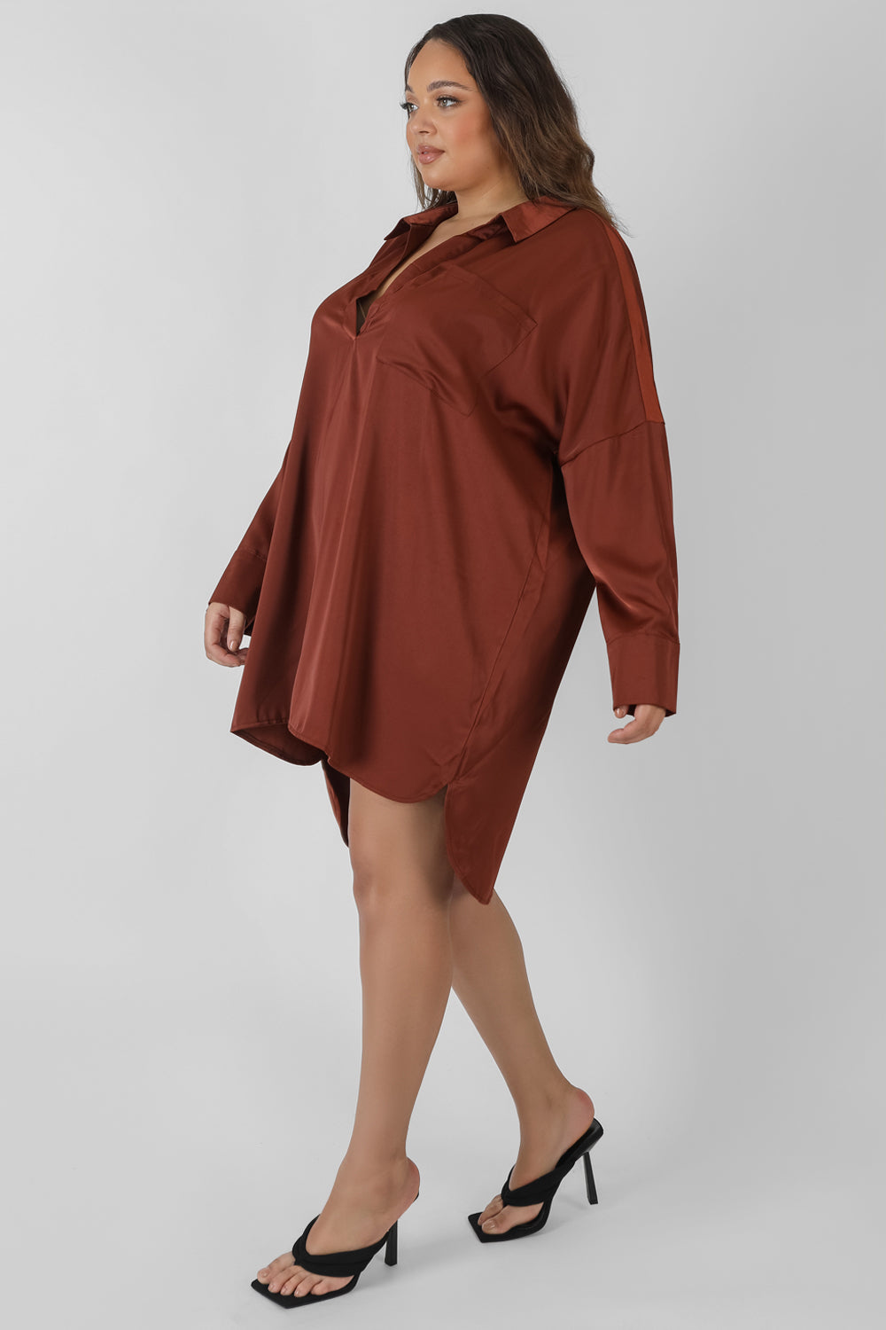 CURVE SATIN SHIRT DRESS CHOCOLATE