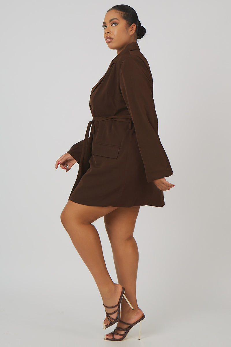 CURVE WRAP BELT BLAZER DRESS CHOCOLATE