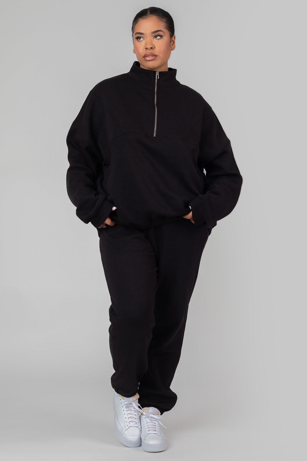 CURVE OVERSIZED HALF ZIP POCKET FRONT SWEATSHIRT BLACK