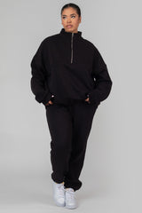 CURVE OVERSIZED HALF ZIP POCKET FRONT SWEATSHIRT BLACK