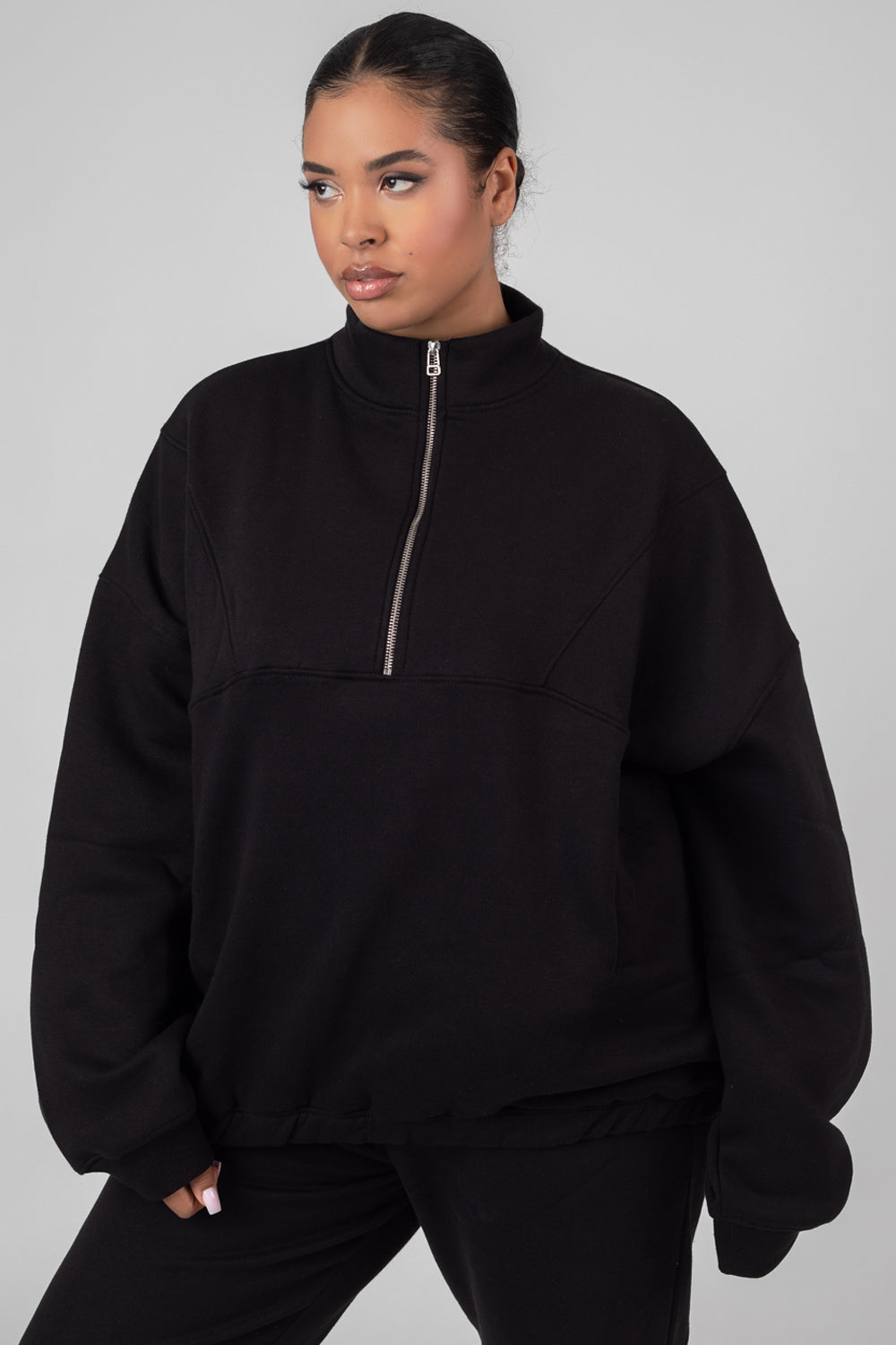 CURVE OVERSIZED HALF ZIP POCKET FRONT SWEATSHIRT BLACK