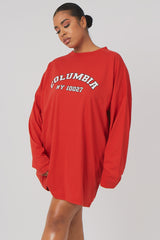 CURVE COLUMBIA SLOGAN LONG SLEEVED T-SHIRT DRESS RED