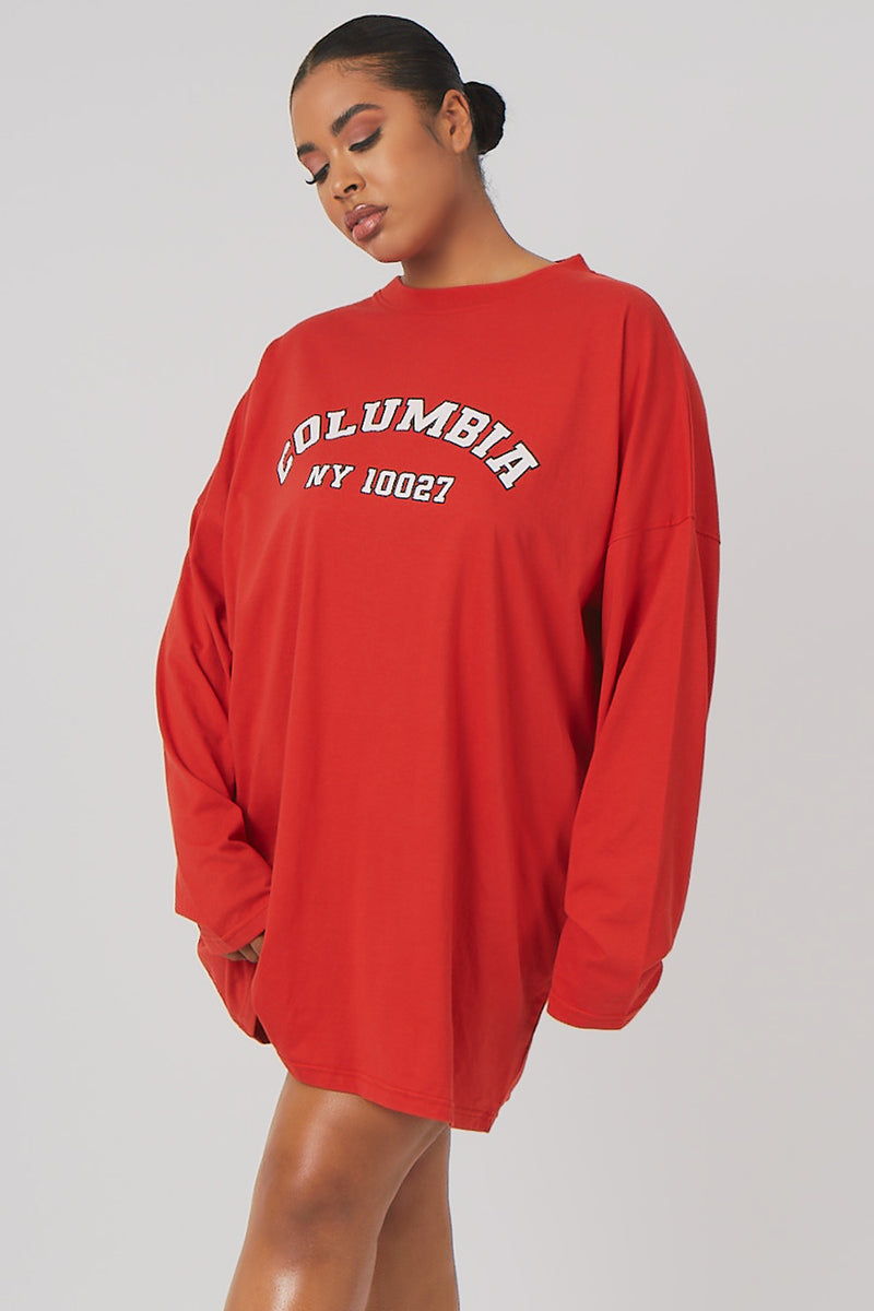 CURVE COLUMBIA SLOGAN LONG SLEEVED T-SHIRT DRESS RED