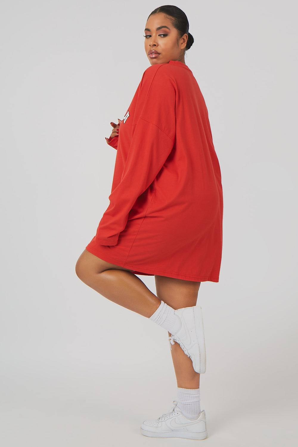 CURVE COLUMBIA SLOGAN LONG SLEEVED T-SHIRT DRESS RED