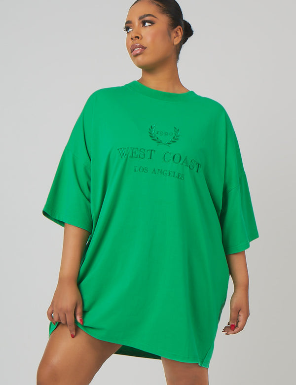 CURVE TONAL EMBROIDERED OVERSIZED T-SHIRT DRESS GREEN