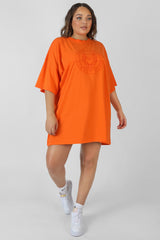 CURVE MANHATTAN EMBROIDERED OVERSIZED T-SHIRT DRESS ORANGE