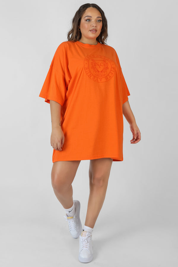 CURVE MANHATTAN EMBROIDERED OVERSIZED T-SHIRT DRESS ORANGE
