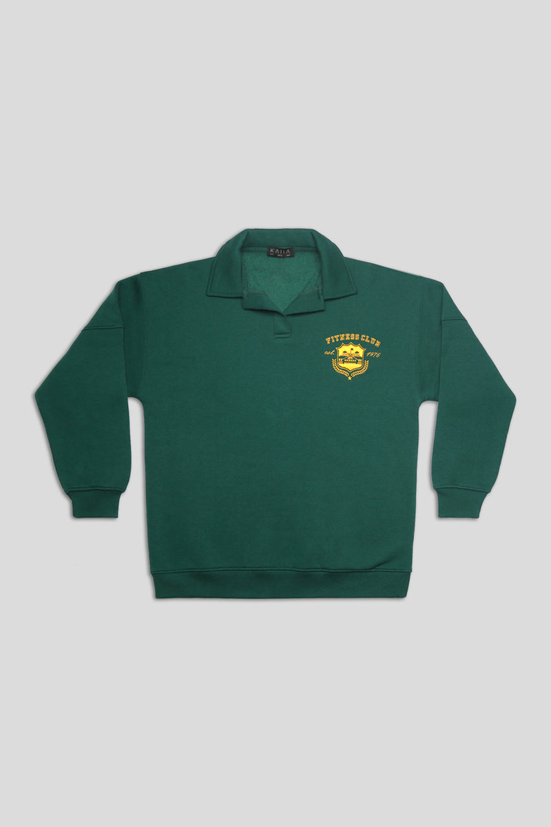 SPORTS CLUB EMBROIDERED BADGE OVERSIZED RUGBY SWEATSHIRT FOREST GREEN