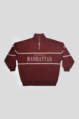 MANHATTAN SLOGAN HALF ZIP PULLOVER SWEATSHIRT BURGUNDY
