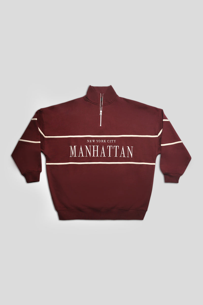 MANHATTAN SLOGAN HALF ZIP PULLOVER SWEATSHIRT BURGUNDY