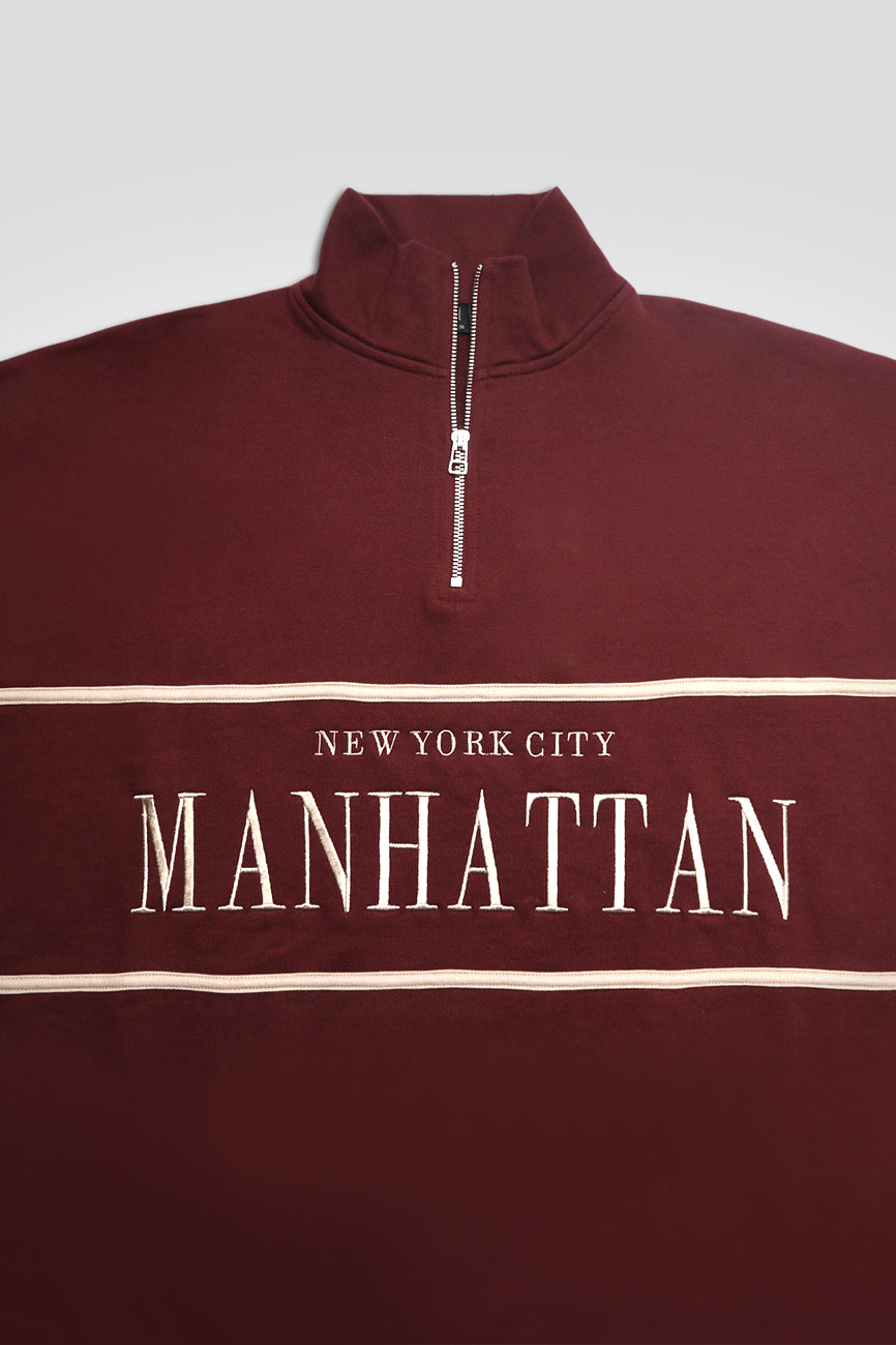 MANHATTAN SLOGAN HALF ZIP PULLOVER SWEATSHIRT BURGUNDY