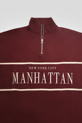 MANHATTAN SLOGAN HALF ZIP PULLOVER SWEATSHIRT BURGUNDY