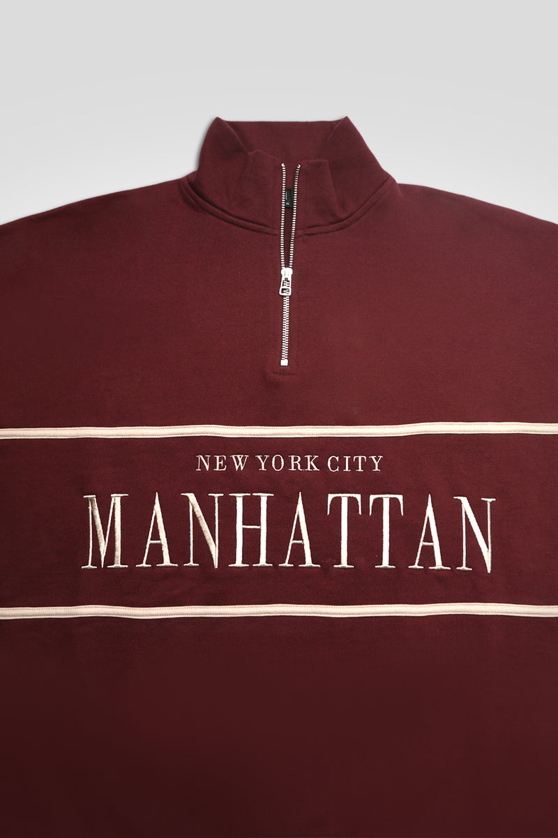 MANHATTAN SLOGAN HALF ZIP PULLOVER SWEATSHIRT BURGUNDY