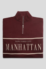MANHATTAN SLOGAN HALF ZIP PULLOVER SWEATSHIRT BURGUNDY