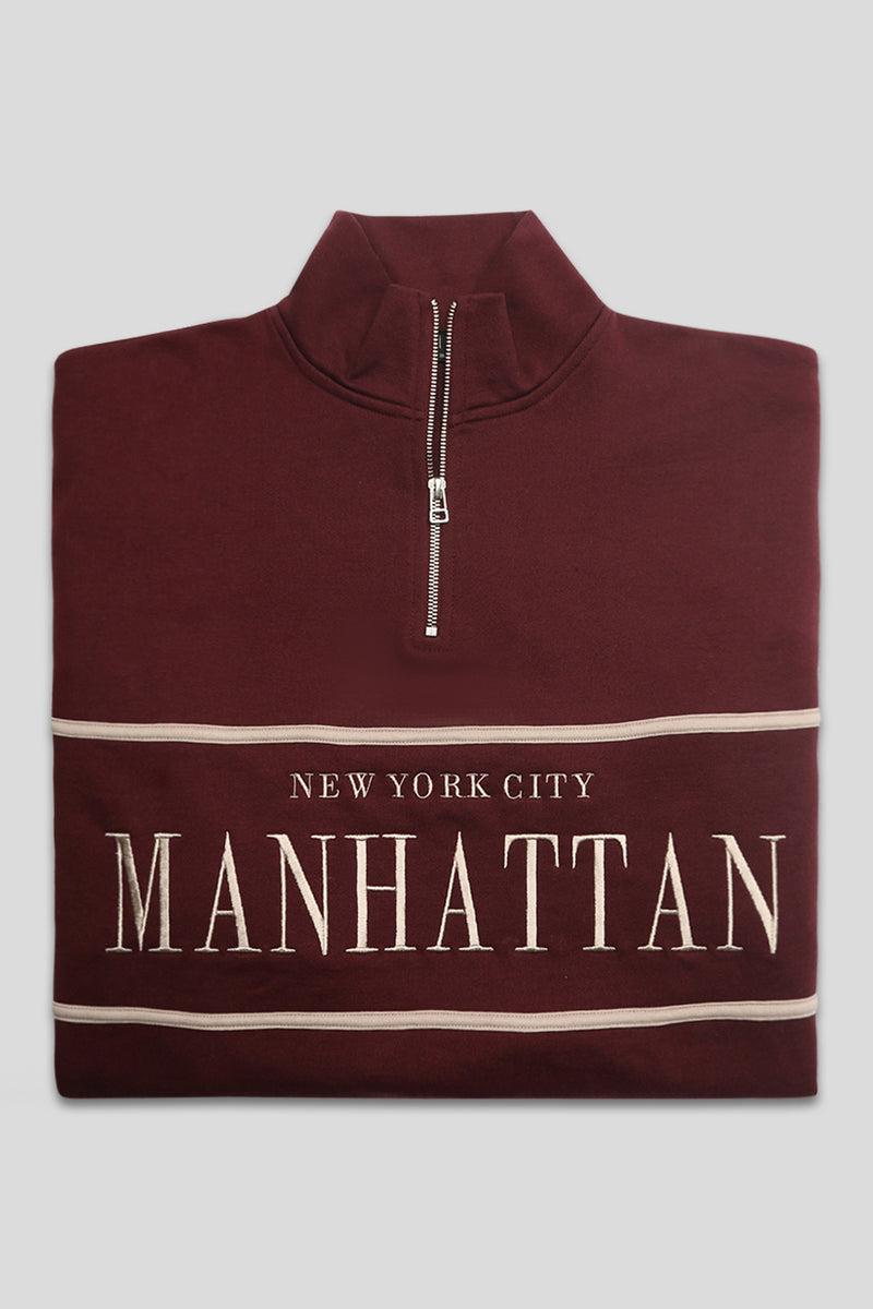 MANHATTAN SLOGAN HALF ZIP PULLOVER SWEATSHIRT BURGUNDY
