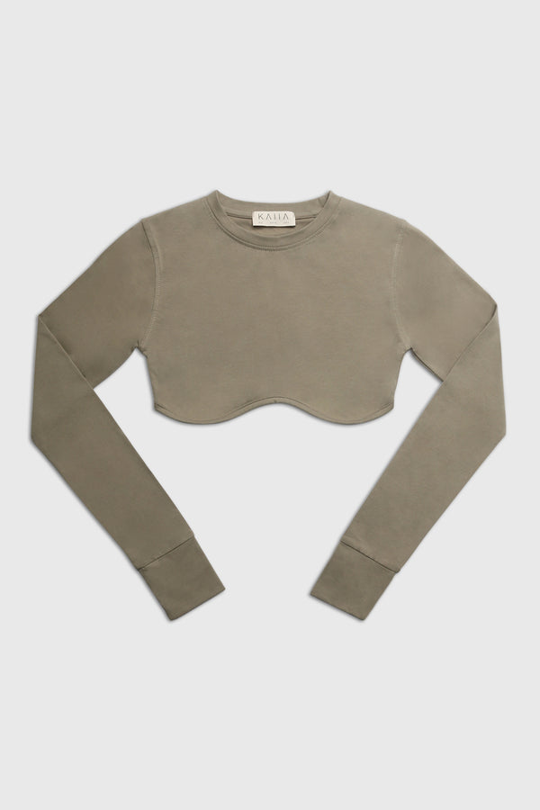 LONG SLEEVE UNDERBUST CROP TOP ELM KHAKI