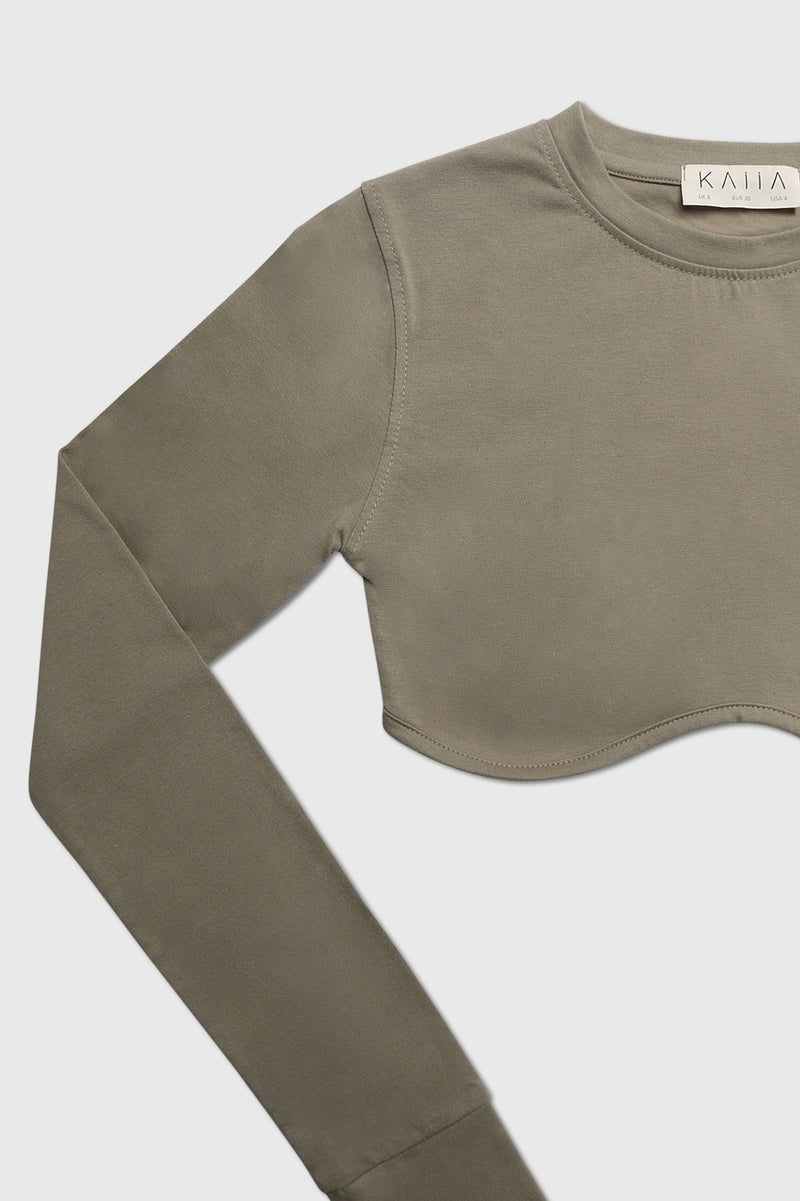 LONG SLEEVE UNDERBUST CROP TOP ELM KHAKI