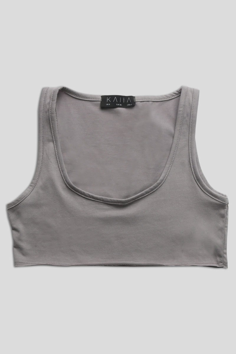 RAW HEM SCOOP NECK CROP TOP GREY