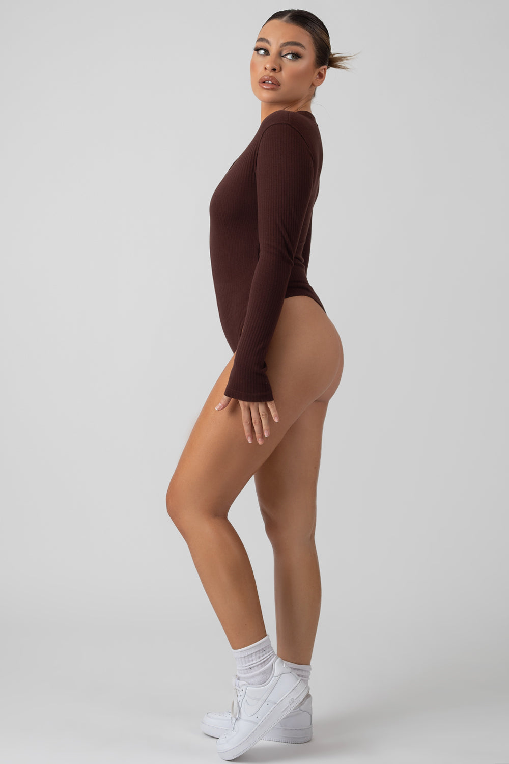 ZIP FRONT RIBBED BODYSUIT COFFEE