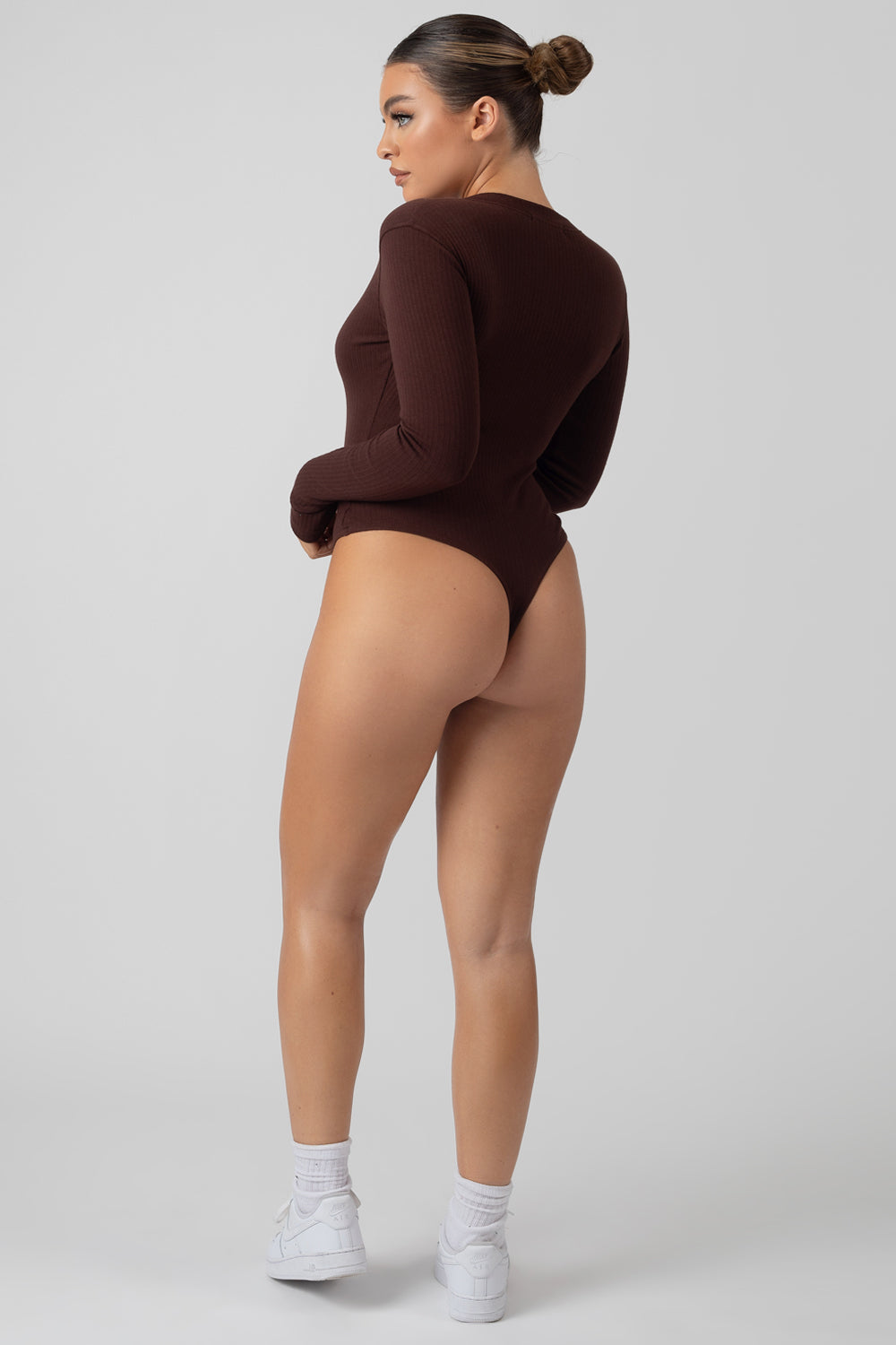 ZIP FRONT RIBBED BODYSUIT COFFEE