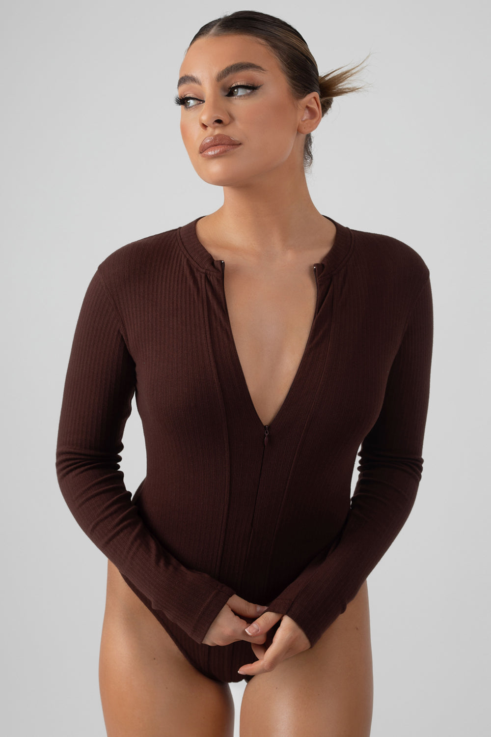 ZIP FRONT RIBBED BODYSUIT COFFEE