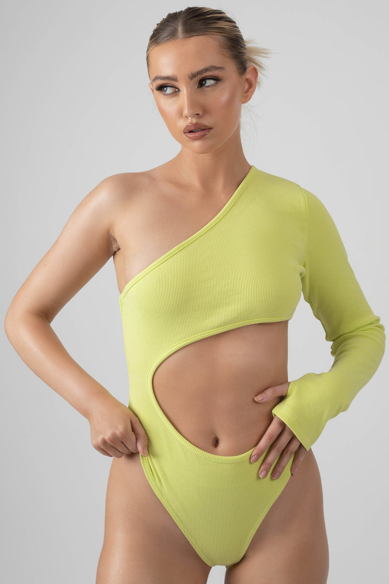 RIBBED CUT OUT ONE SLEEVE BODYSUIT LIME