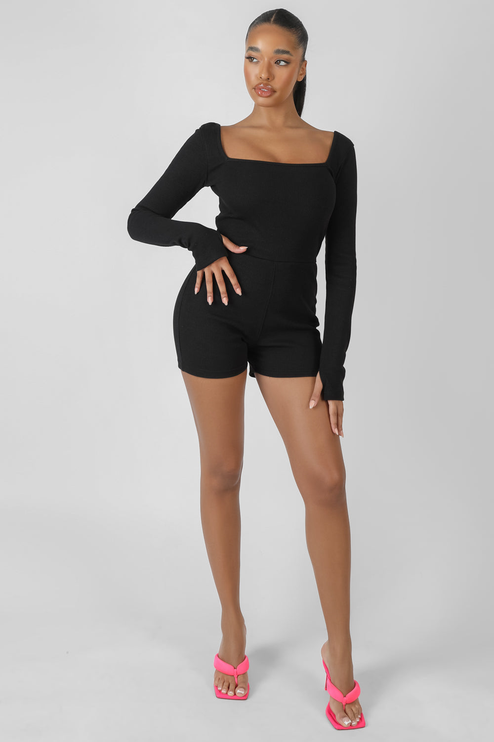 LONG SLEEVED RIBBED SHORT UNITARD BLACK