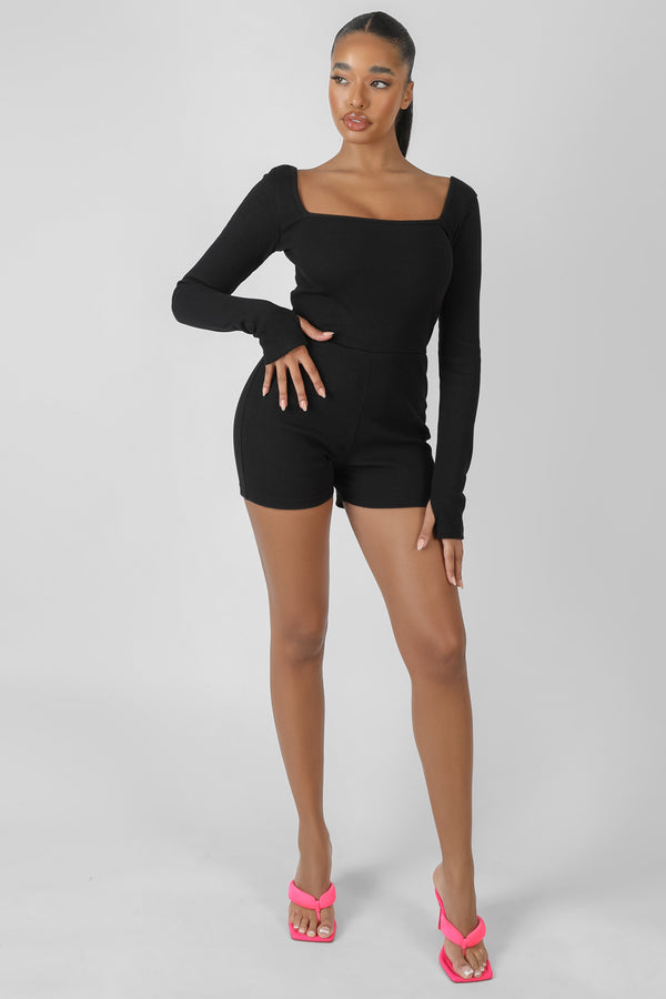 LONG SLEEVED RIBBED SHORT UNITARD BLACK