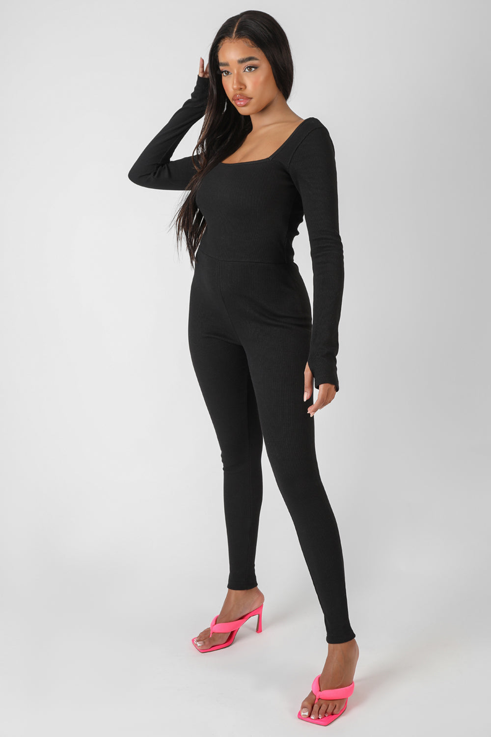 LONG SLEEVE SQUARE NECK RIBBED JUMPSUIT BLACK