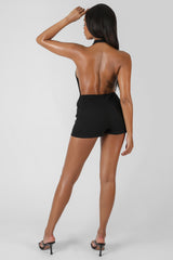 SLEEVELESS SHORT RIBBED BACKLESS UNITARD BLACK