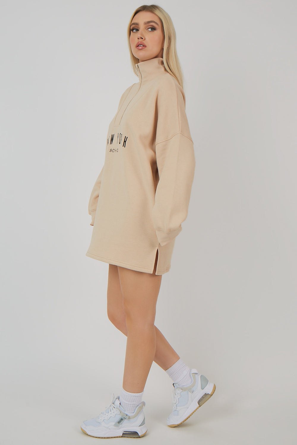 OVERSIZE HALF ZIP SWEATER DRESS STONE