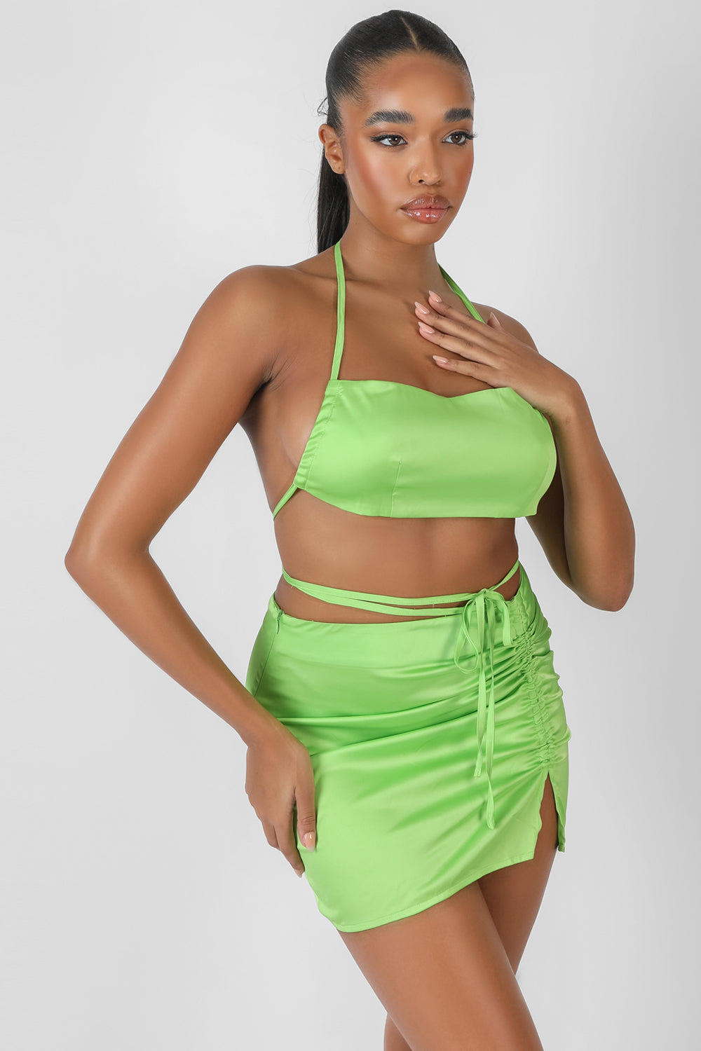 SATIN RUCHED DETAIL MINI SKIRT GREEN