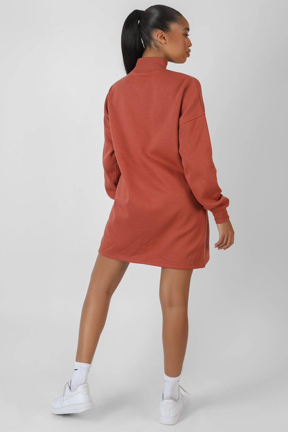 HIGH NECK EMBROIDERED SWEATER DRESS RUST
