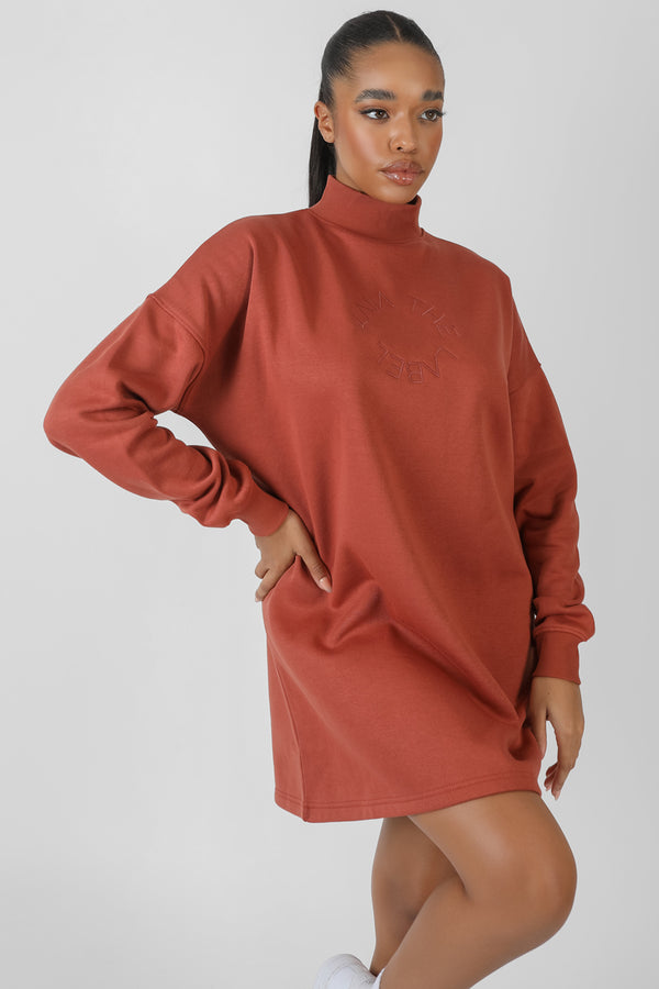 HIGH NECK EMBROIDERED SWEATER DRESS RUST