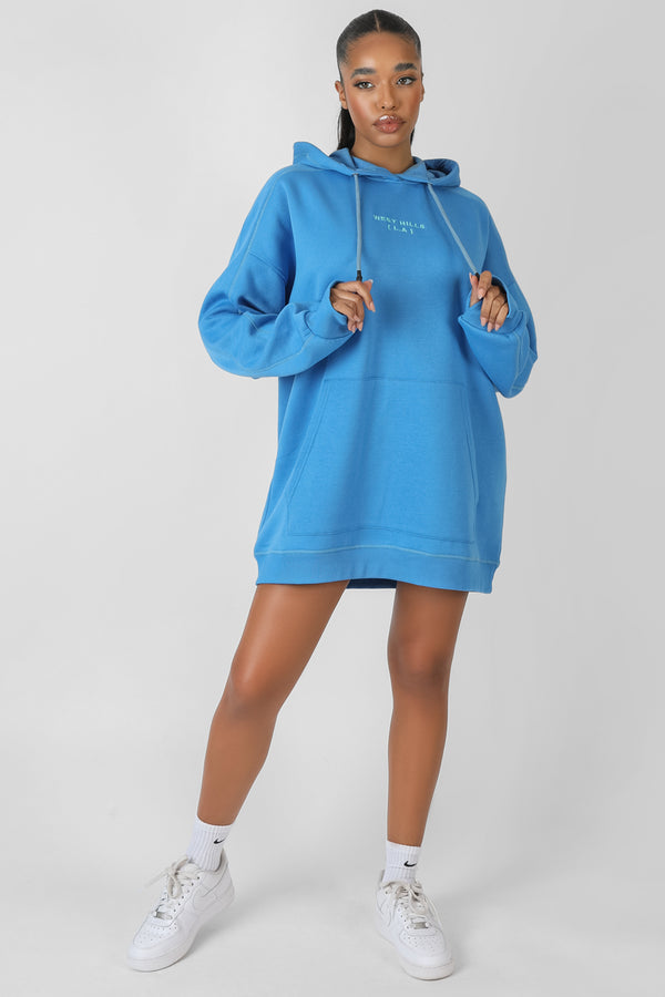 CONTRAST STITCH SLOGAN HOODIE SWEAT DRESS BLUE