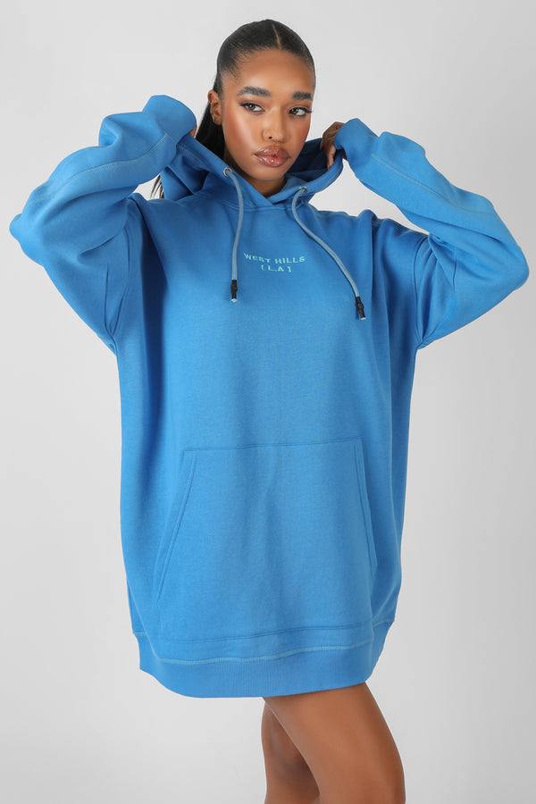 CONTRAST STITCH SLOGAN HOODIE SWEAT DRESS BLUE