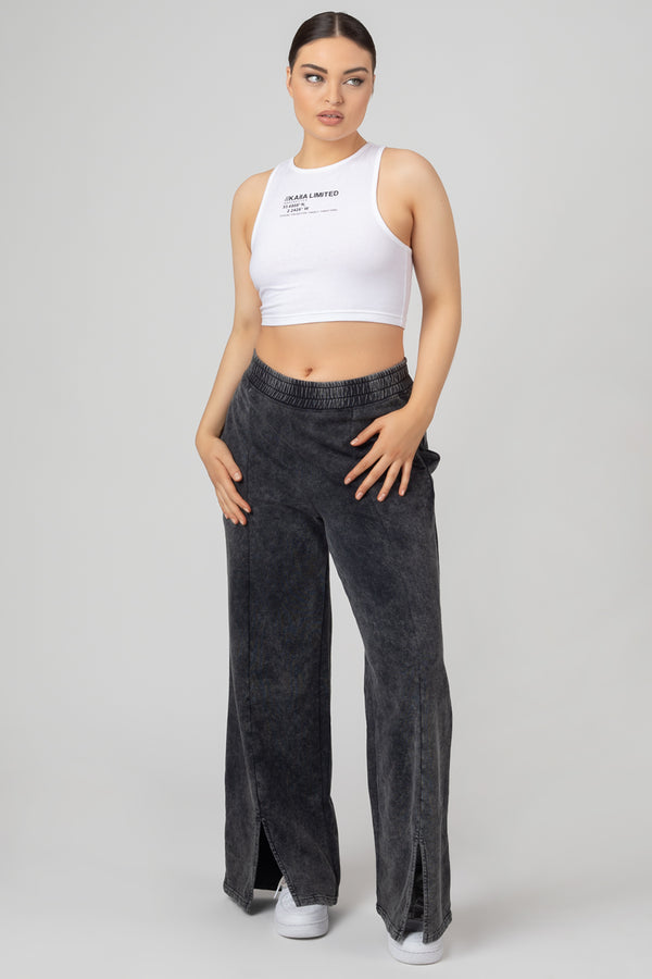 OVERSIZED FIT SPLIT FRONT SEAM DETAIL WIDE LEG JOGGERS ACID WASH