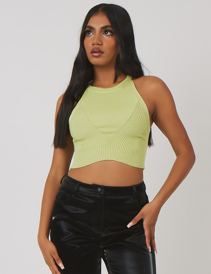 KNITTED HIGH NECK RACER CROP TOP LIME