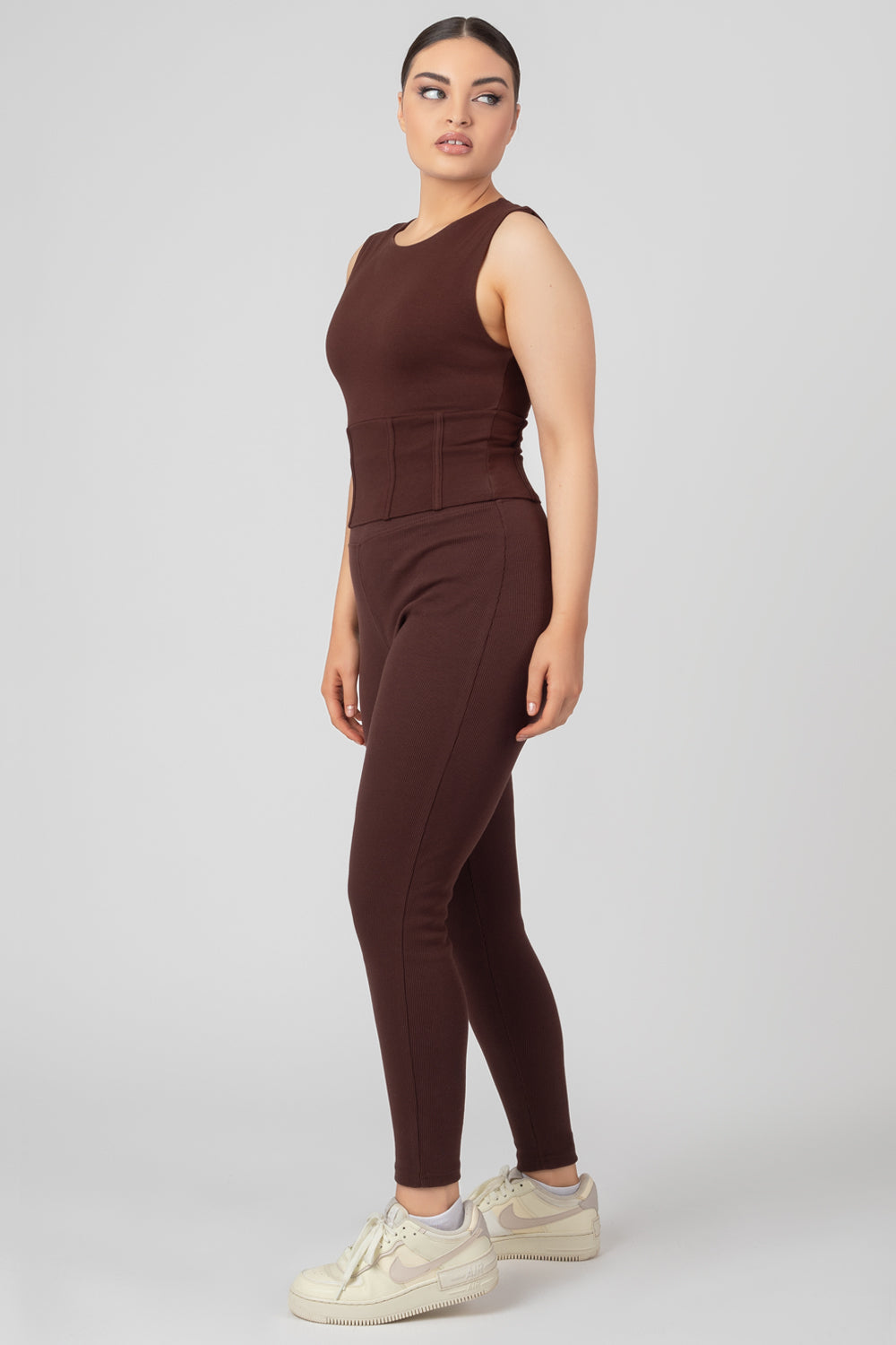 THICK WAISTBAND RIBBED LEGGINGS IN CHOCOLATE