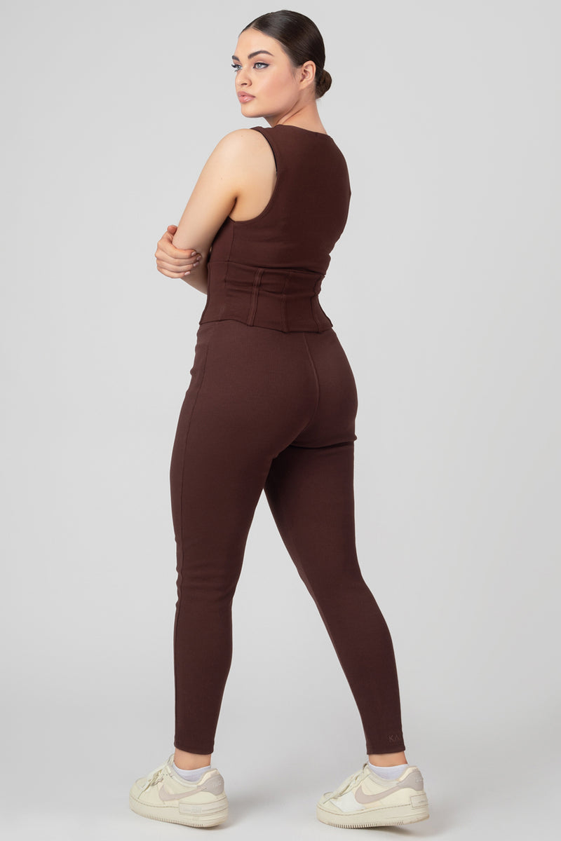 THICK WAISTBAND RIBBED LEGGINGS IN CHOCOLATE