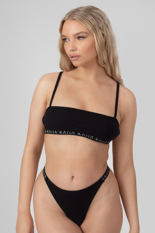 KAIIA ELASTIC RIB STRAPPY BACK BRA BLACK